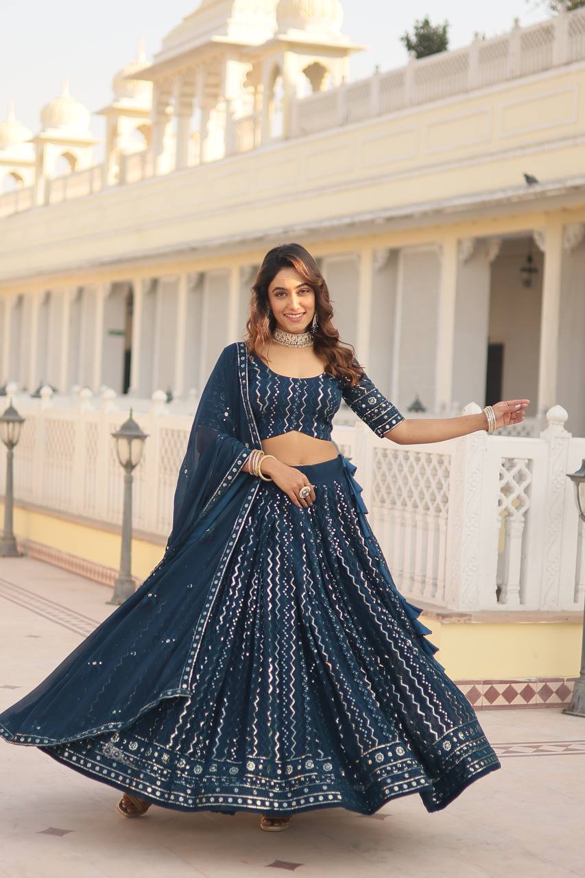 Teal Dazzling Faux Blooming Lehenga Choli with Sequins & Thread Embroidery