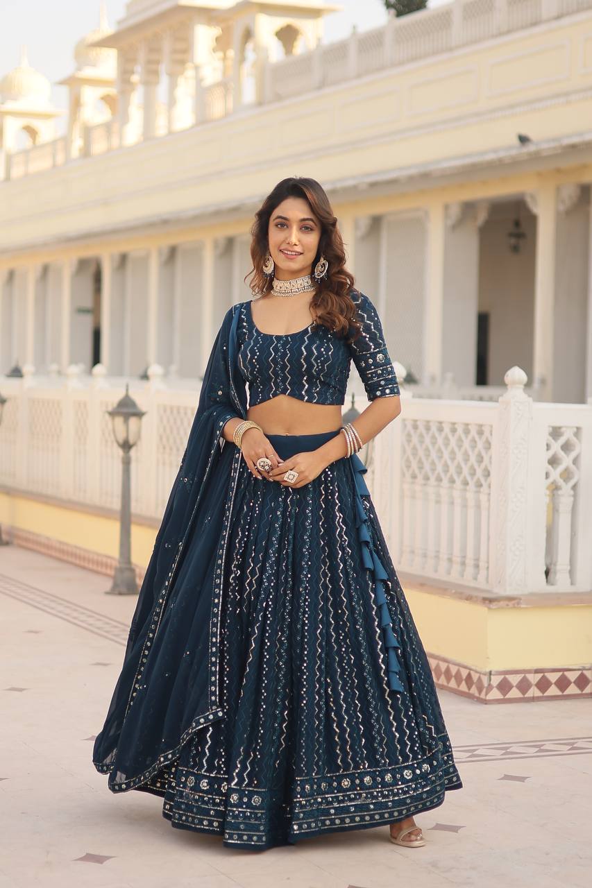 Teal Dazzling Faux Blooming Lehenga Choli with Sequins & Thread Embroidery