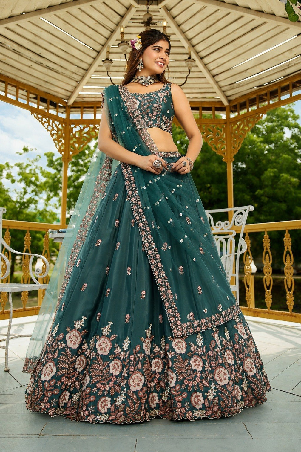 Teal Designer Crepe Lehenga Choli
