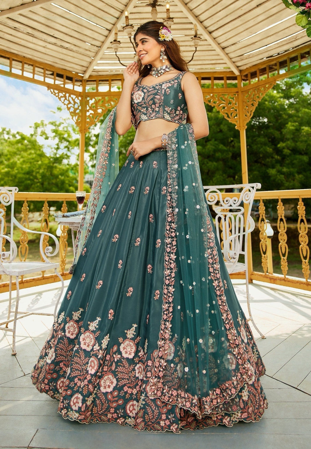 Teal Designer Crepe Lehenga Choli
