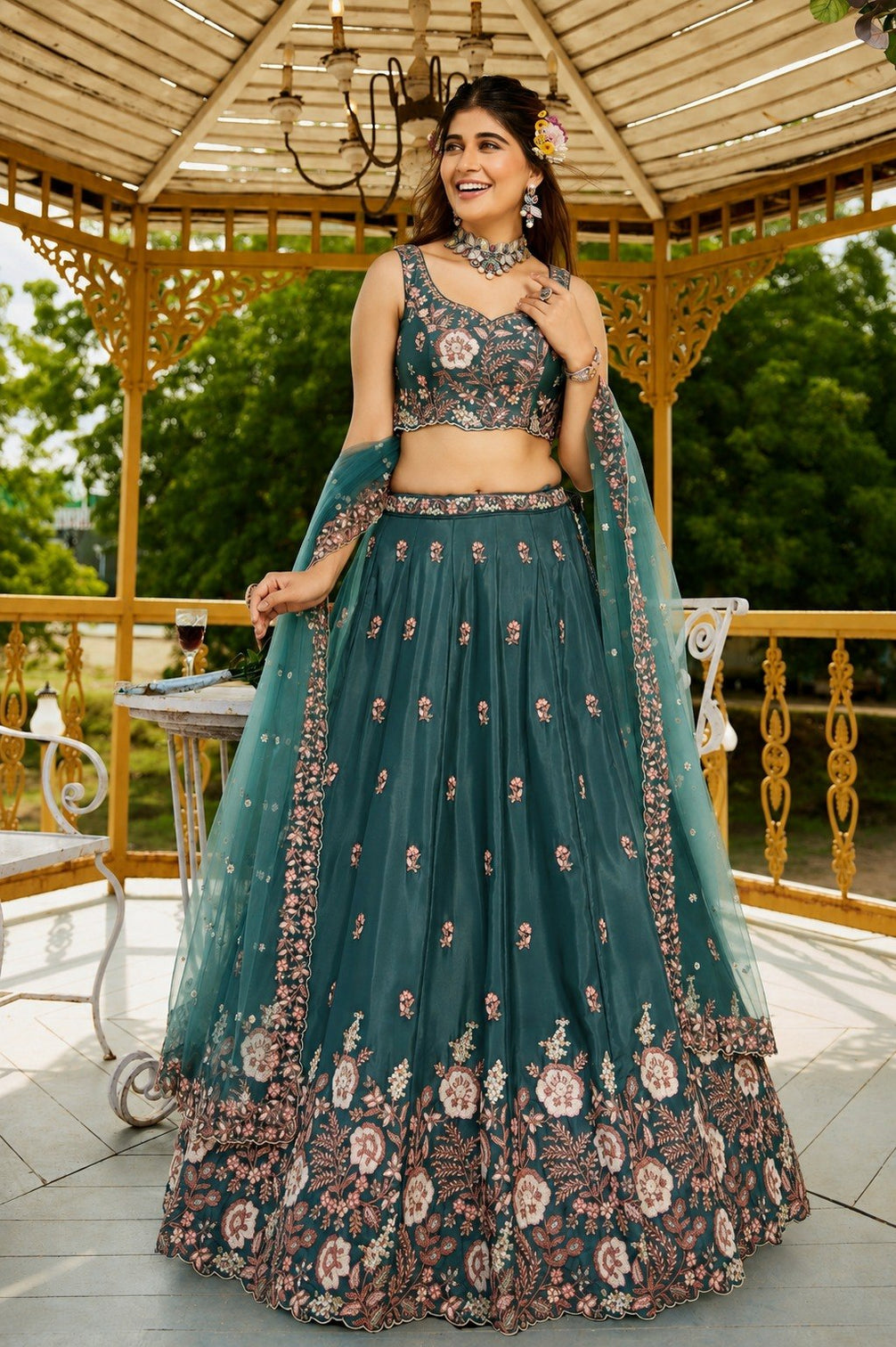 Teal Designer Crepe Lehenga Choli