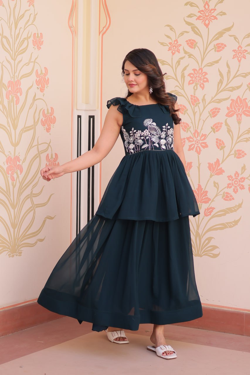 Teal Designer Faux Blooming Embroidered Gown with Bead Work & Canvas Patta