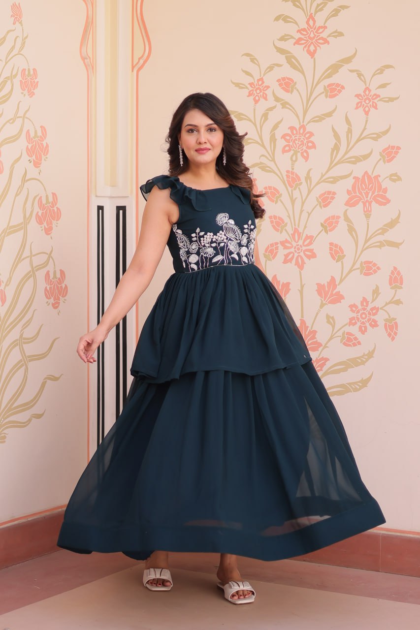 Teal Designer Faux Blooming Embroidered Gown with Bead Work & Canvas Patta