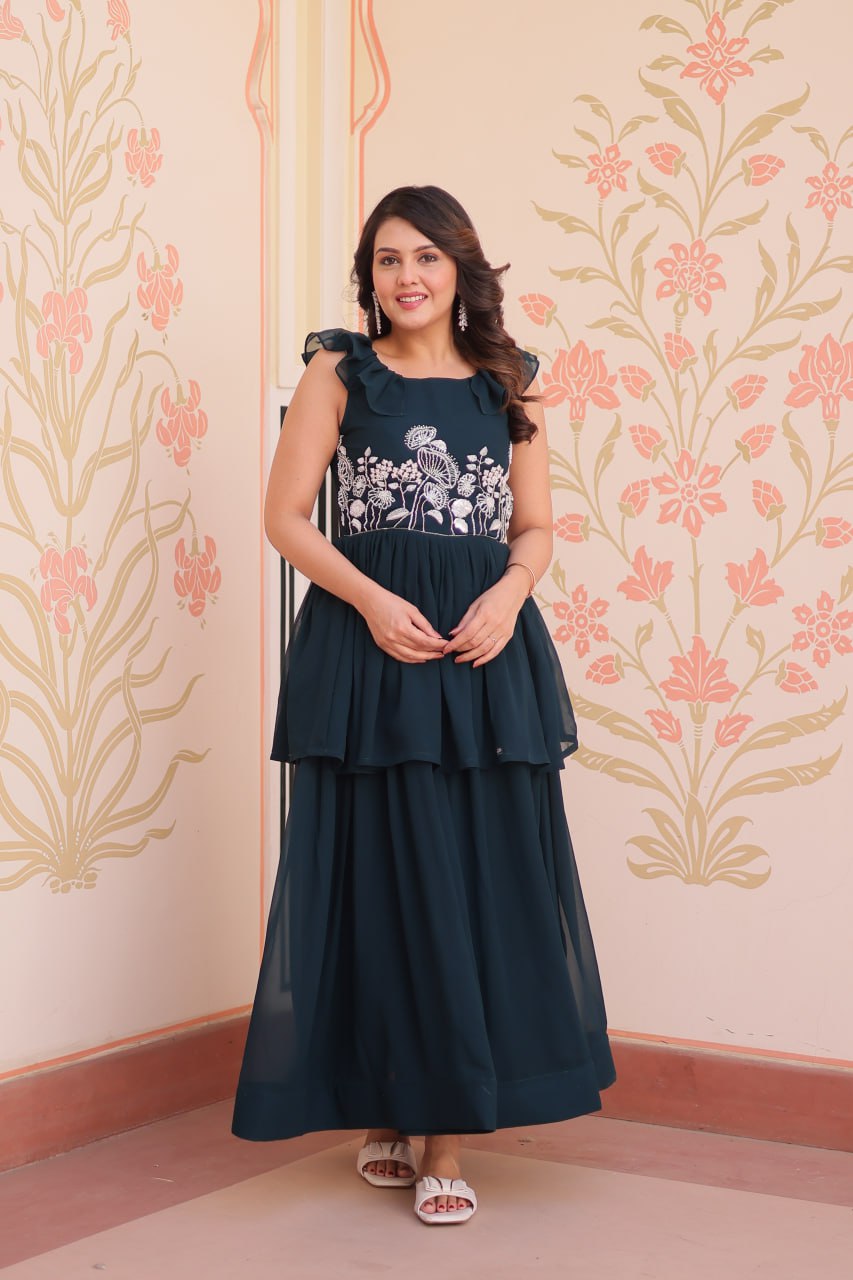 Teal Designer Faux Blooming Embroidered Gown with Bead Work & Canvas Patta