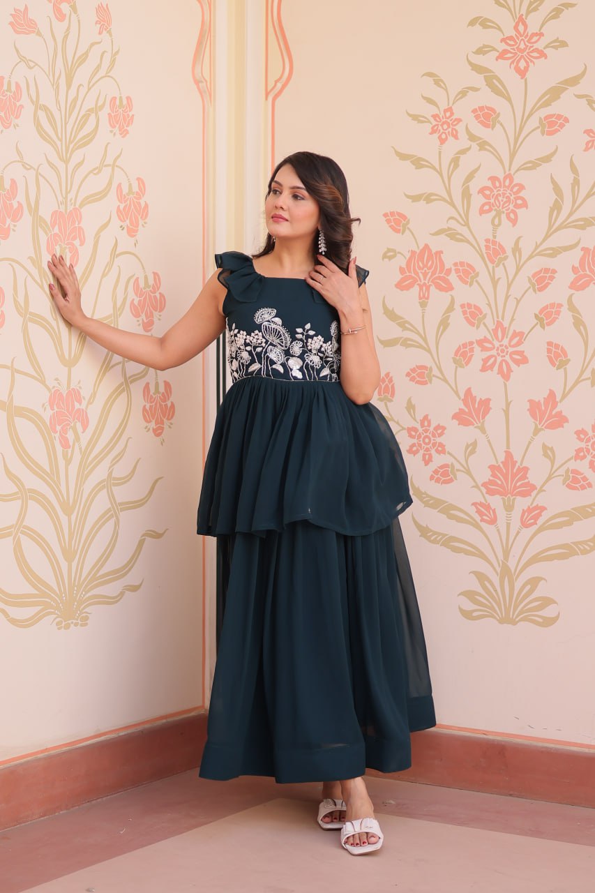 Teal Designer Faux Blooming Embroidered Gown with Bead Work & Canvas Patta