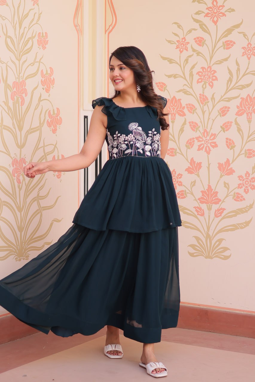 Teal Designer Faux Blooming Embroidered Gown with Bead Work & Canvas Patta