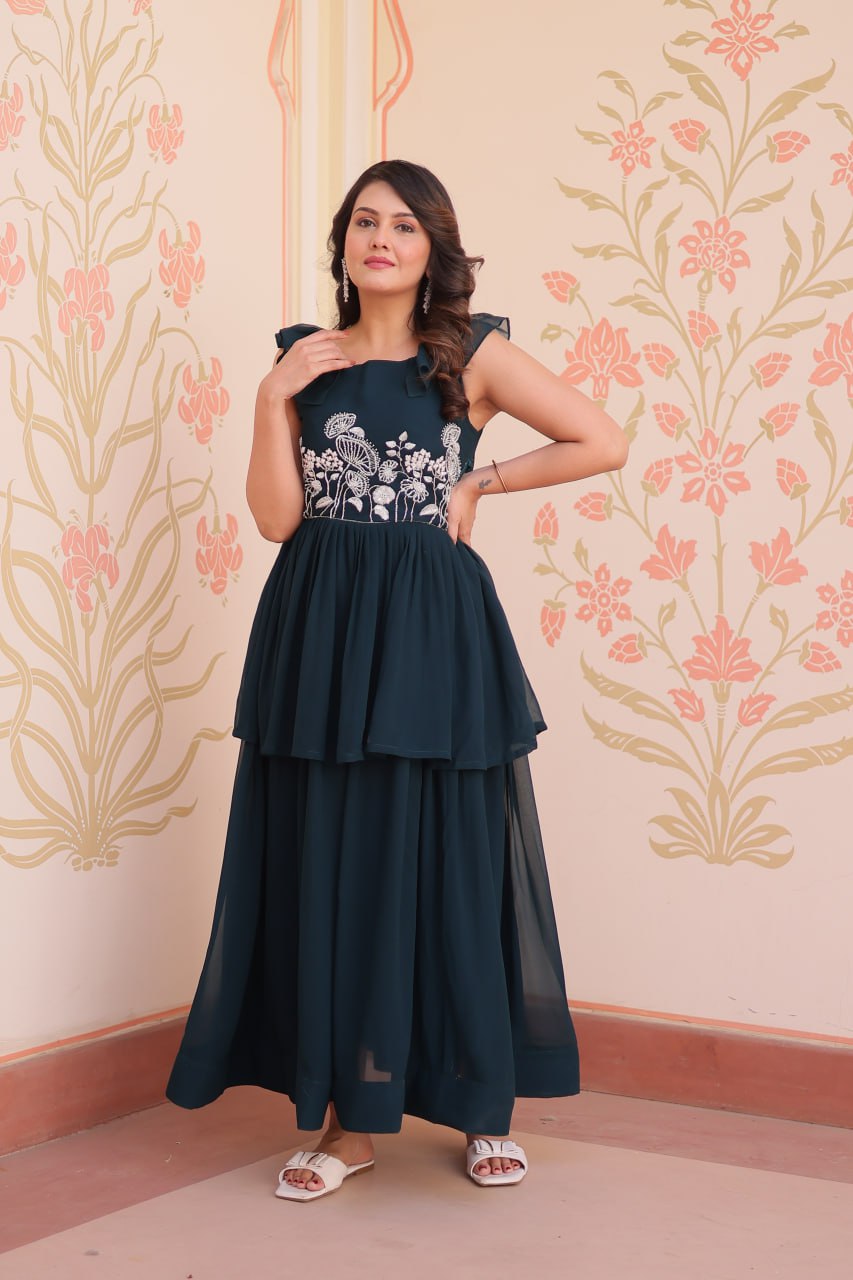 Teal Designer Faux Blooming Embroidered Gown with Bead Work & Canvas Patta