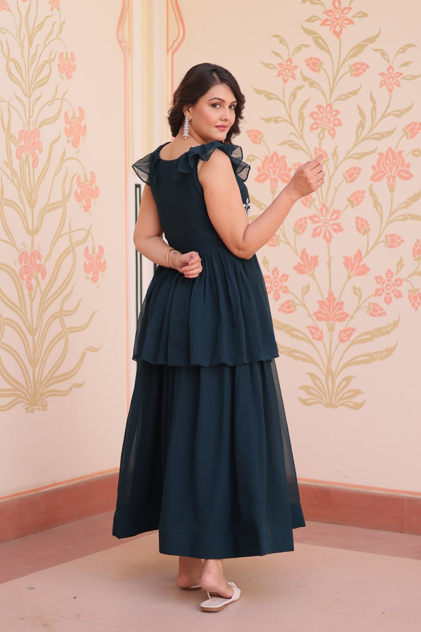 Teal Designer Faux Blooming Embroidered Gown with Bead Work & Canvas Patta