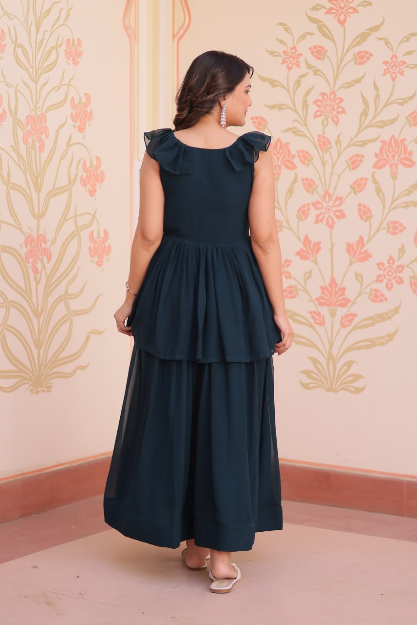 Teal Designer Faux Blooming Embroidered Gown with Bead Work & Canvas Patta