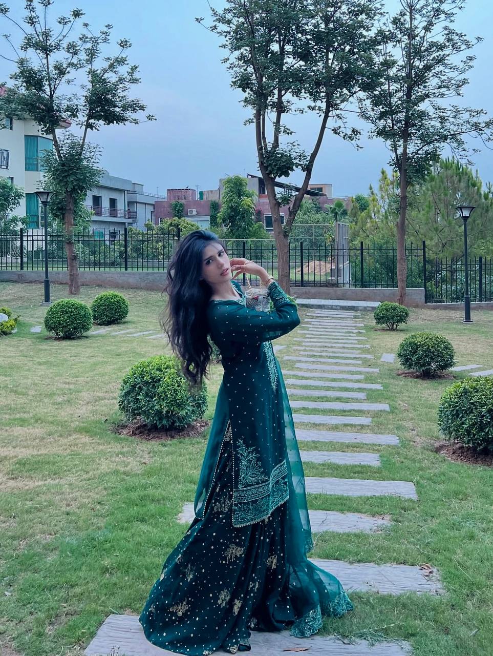 Teal Designer Faux Georgette Embroidered Top Plazzo Dupatta Set with Sequins & Lace Detailing