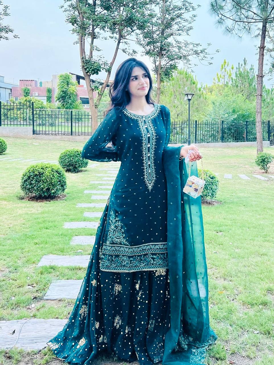 Teal Designer Faux Georgette Embroidered Top Plazzo Dupatta Set with Sequins & Lace Detailing