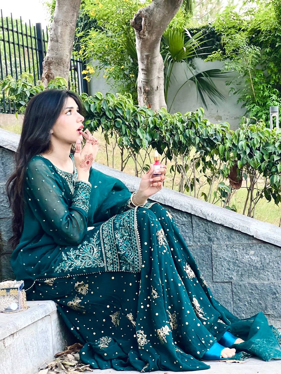 Teal Designer Faux Georgette Embroidered Top Plazzo Dupatta Set with Sequins & Lace Detailing