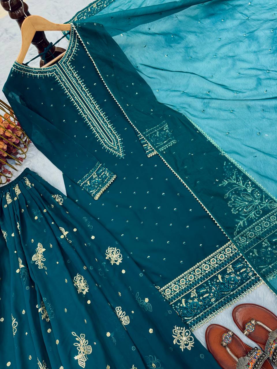 Teal Designer Faux Georgette Embroidered Top Plazzo Dupatta Set with Sequins & Lace Detailing