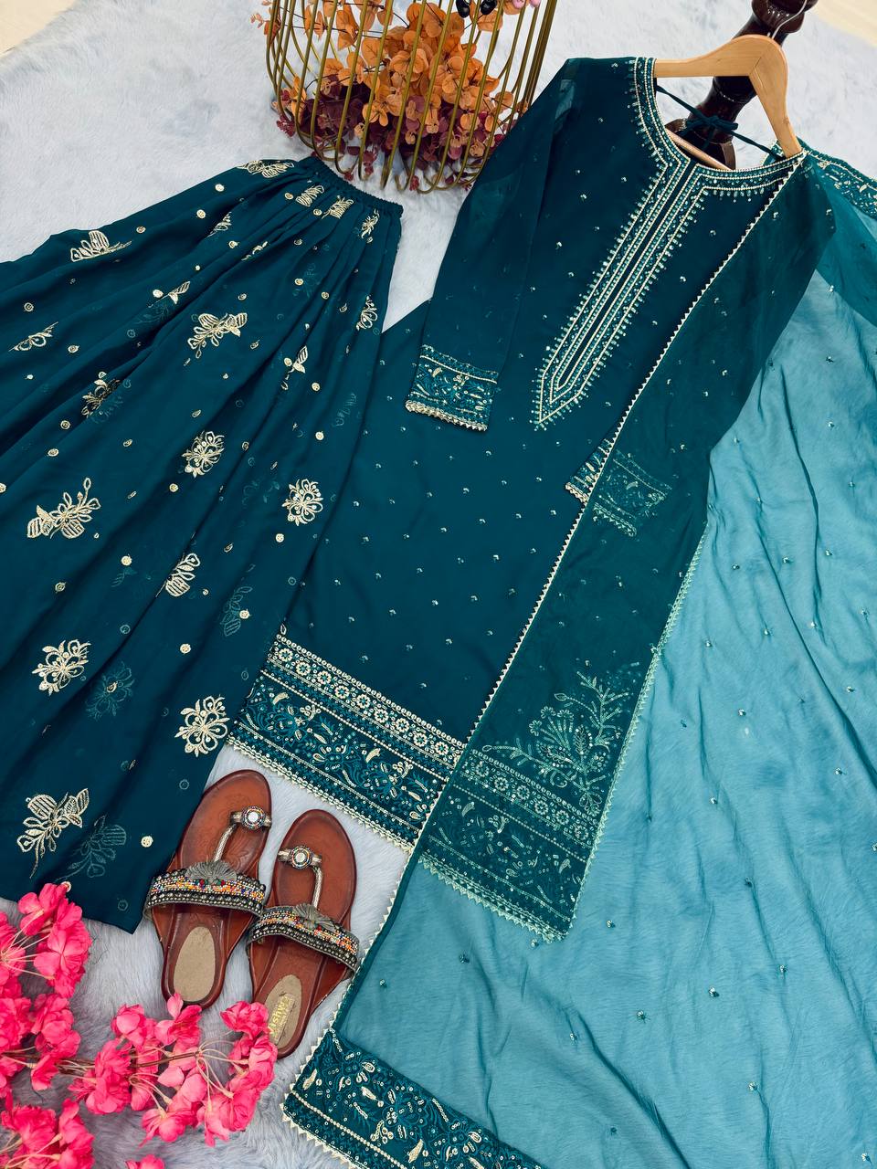 Teal Designer Faux Georgette Embroidered Top Plazzo Dupatta Set with Sequins & Lace Detailing