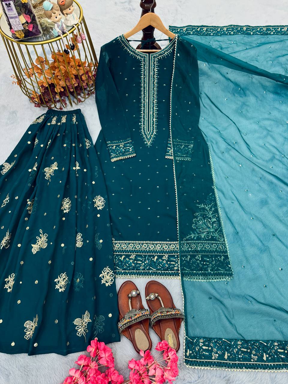 Teal Designer Faux Georgette Embroidered Top Plazzo Dupatta Set with Sequins & Lace Detailing