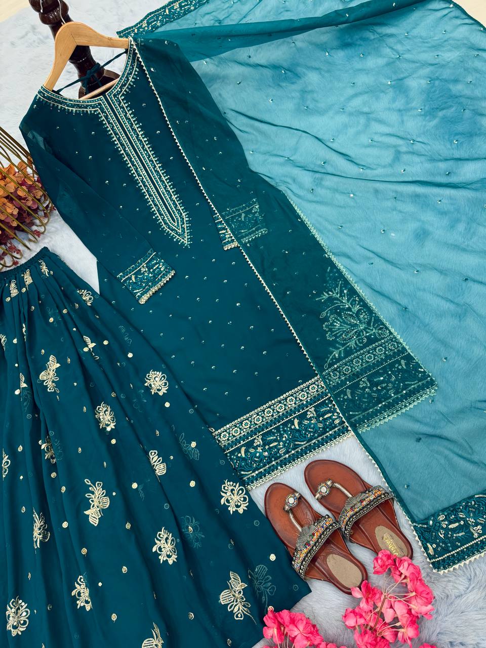 Teal Designer Faux Georgette Embroidered Top Plazzo Dupatta Set with Sequins & Lace Detailing