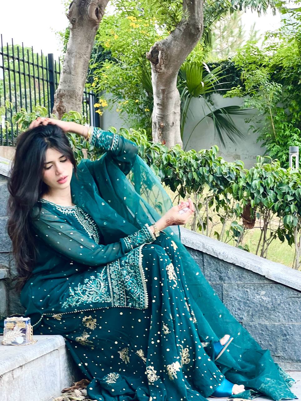 Teal Designer Faux Georgette Embroidered Top Plazzo Dupatta Set with Sequins & Lace Detailing