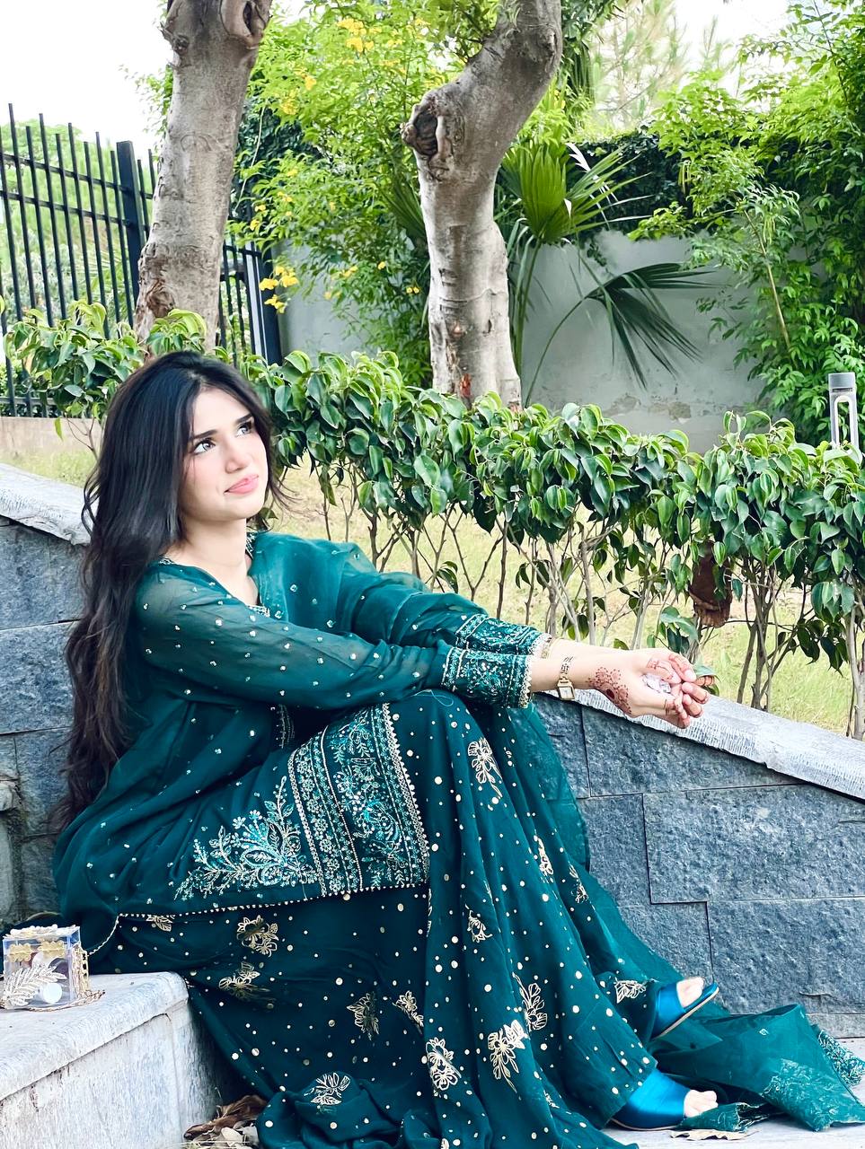Teal Designer Faux Georgette Embroidered Top Plazzo Dupatta Set with Sequins & Lace Detailing
