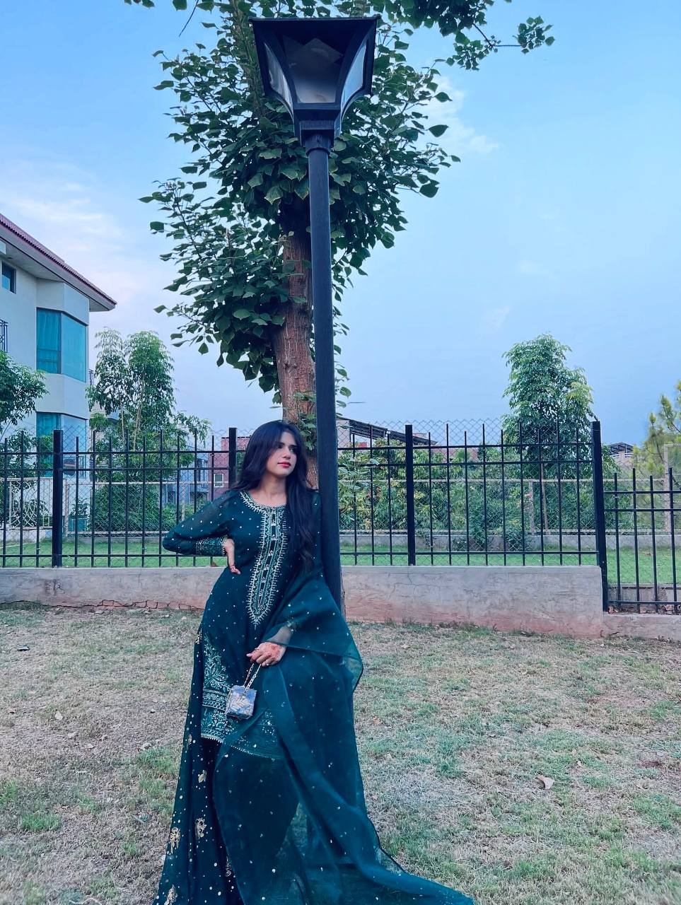 Teal Designer Faux Georgette Embroidered Top Plazzo Dupatta Set with Sequins & Lace Detailing