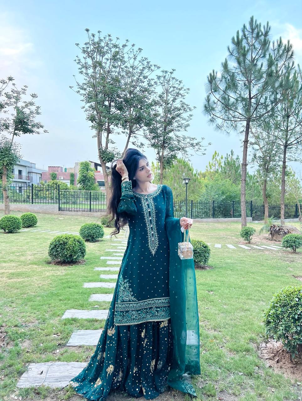 Teal Designer Faux Georgette Embroidered Top Plazzo Dupatta Set with Sequins & Lace Detailing