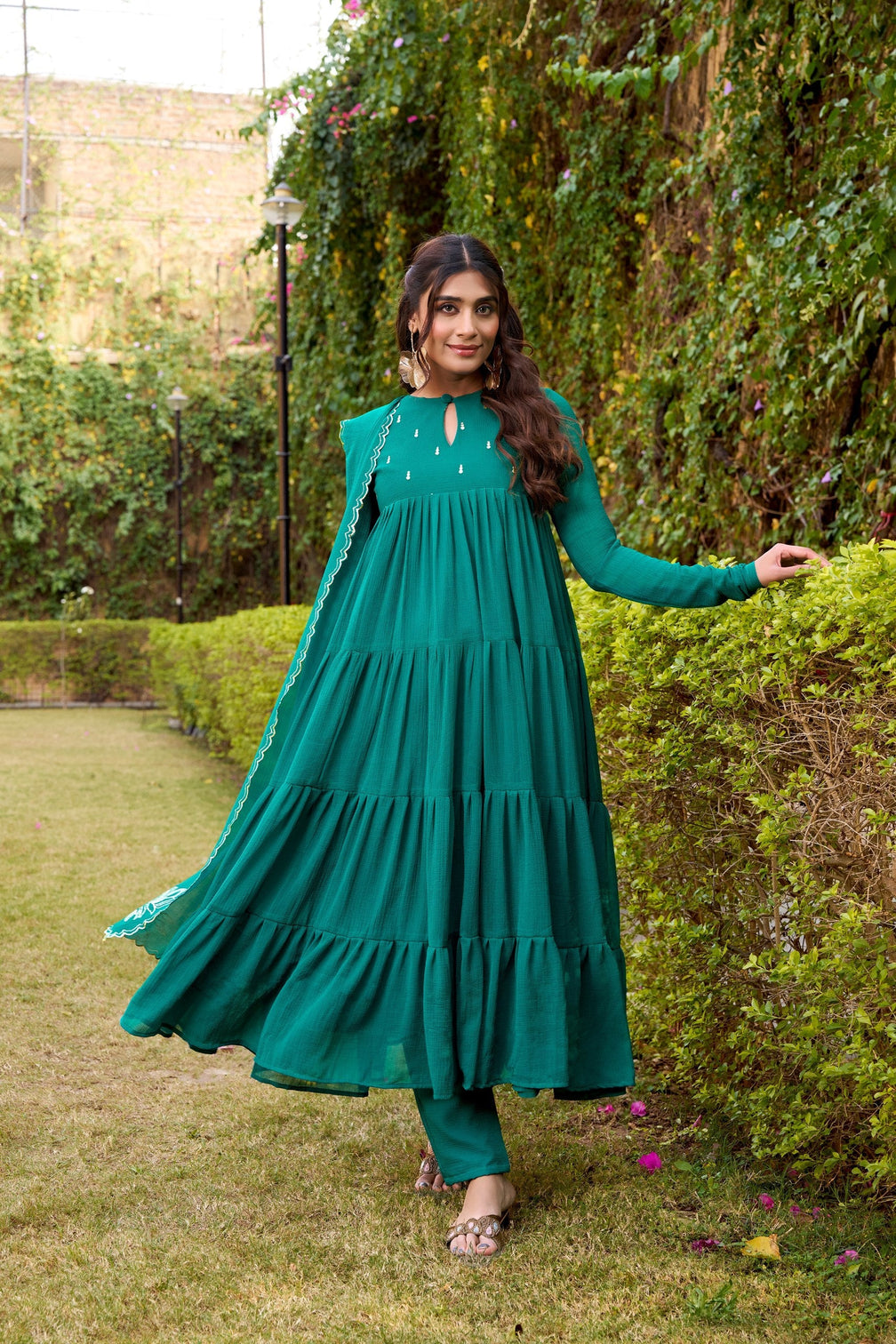 Teal Designer Marble Foil Work Flared Dress Set