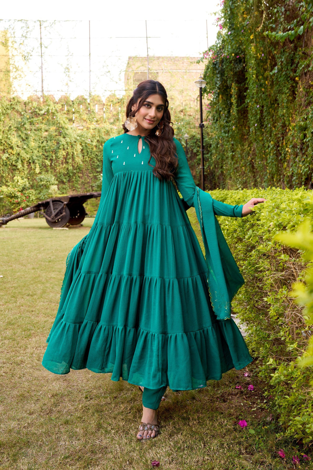 Teal Designer Marble Foil Work Flared Dress Set