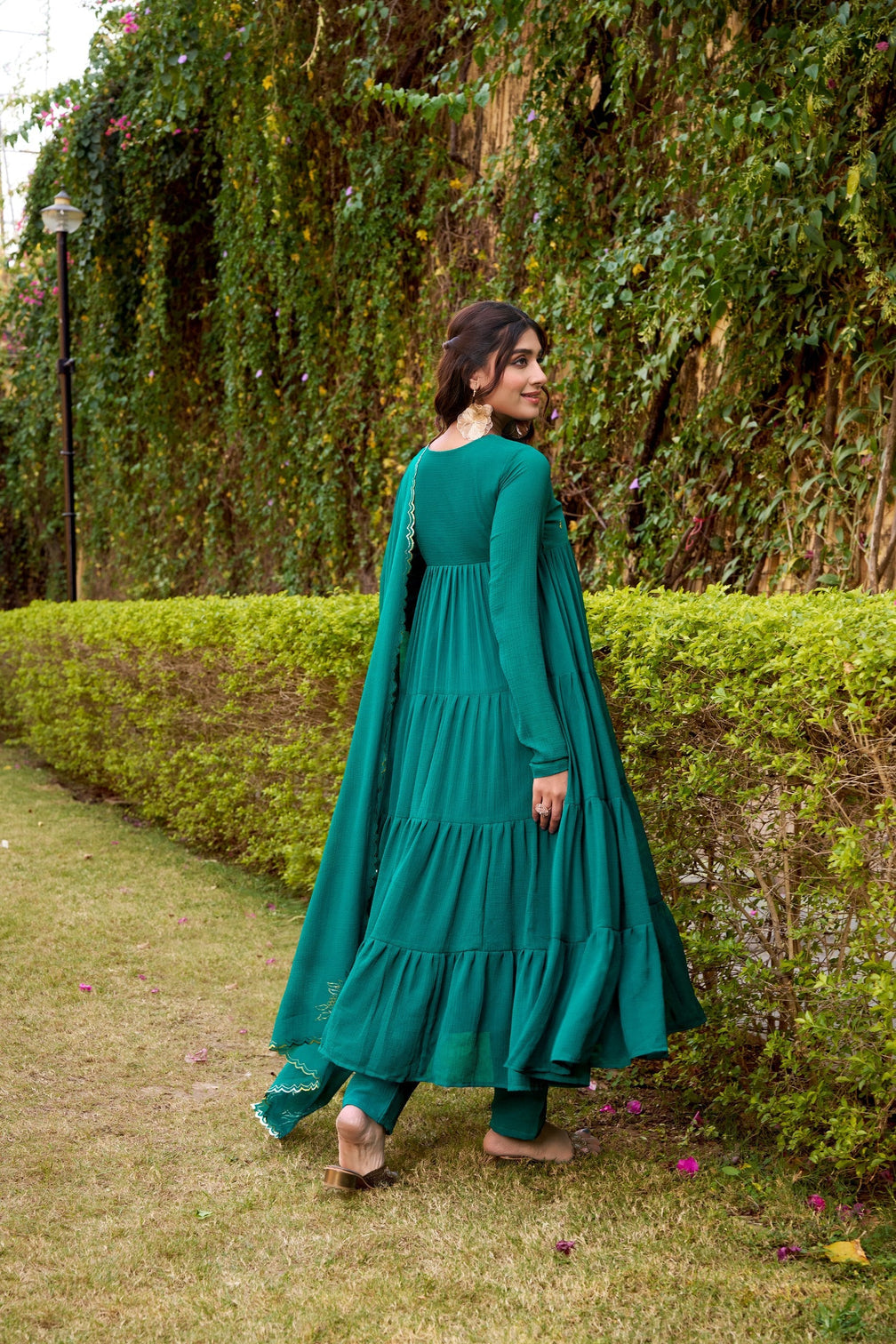 Teal Designer Marble Foil Work Flared Dress Set