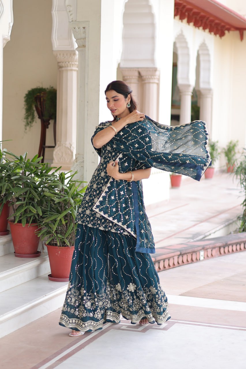 Teal Elegant Faux Georgette Sequins Embroidered Kurti with Sharara & Dupatta Set – Premium Party & Festive Wear