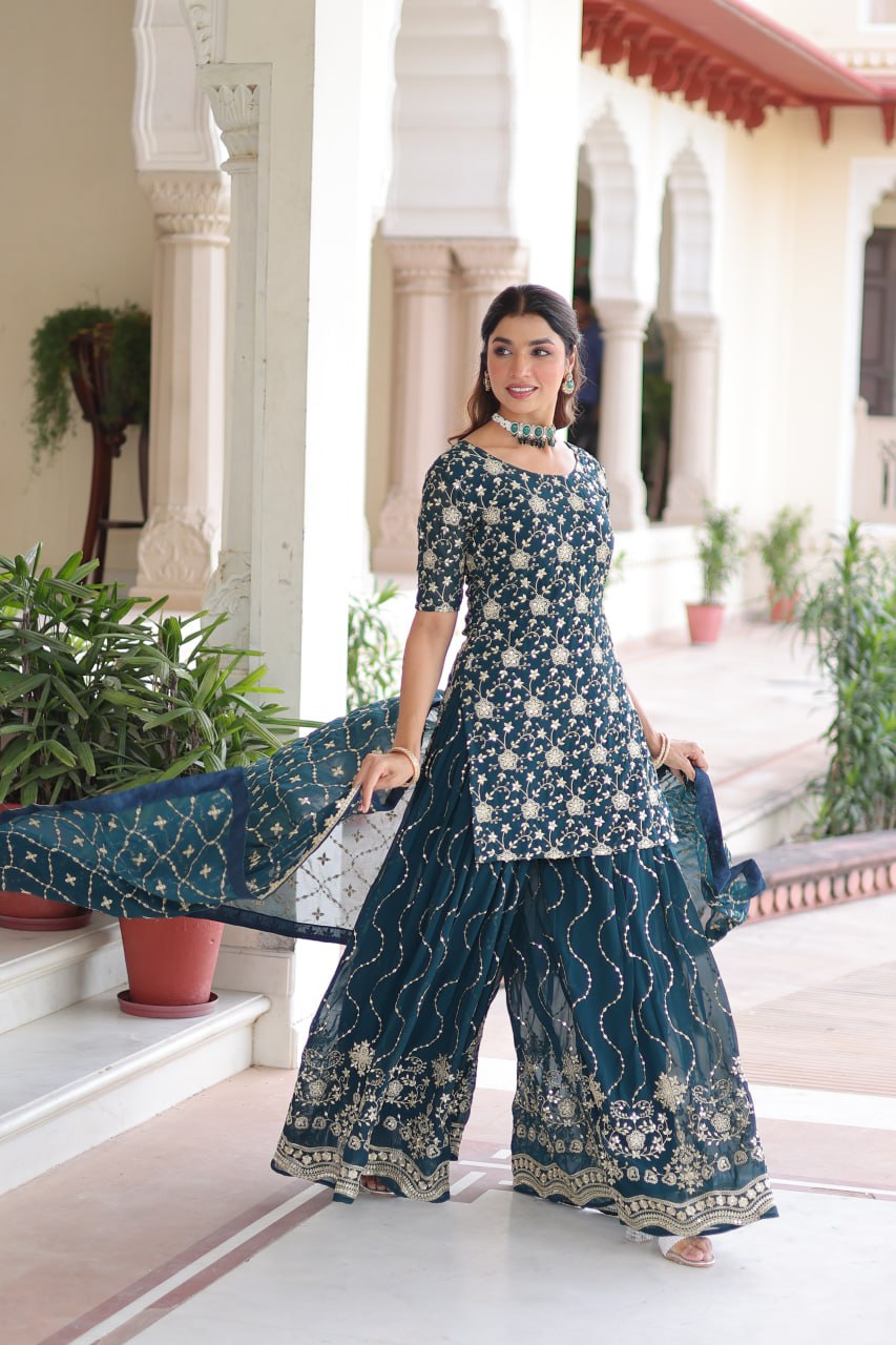 Teal Elegant Faux Georgette Sequins Embroidered Kurti with Sharara & Dupatta Set – Premium Party & Festive Wear