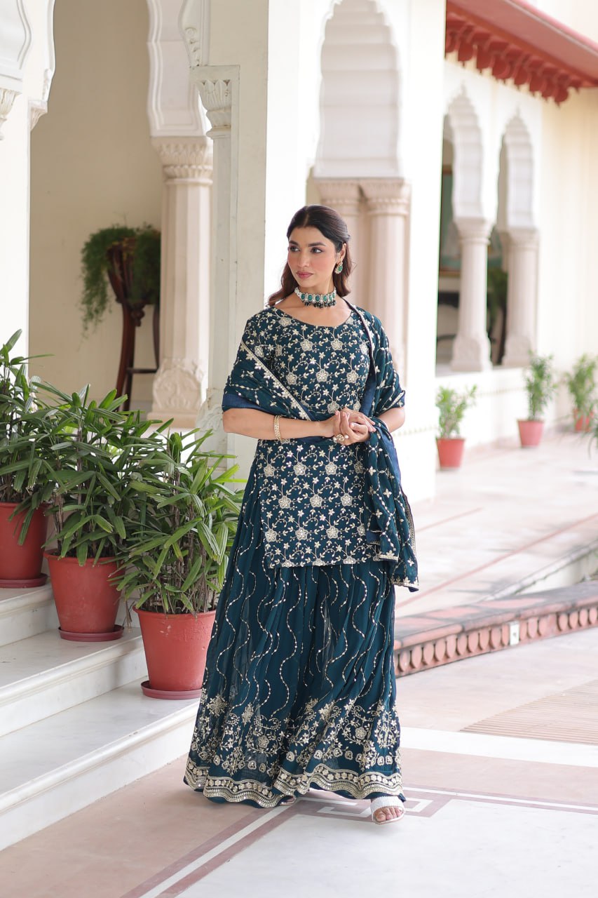 Teal Elegant Faux Georgette Sequins Embroidered Kurti with Sharara & Dupatta Set – Premium Party & Festive Wear