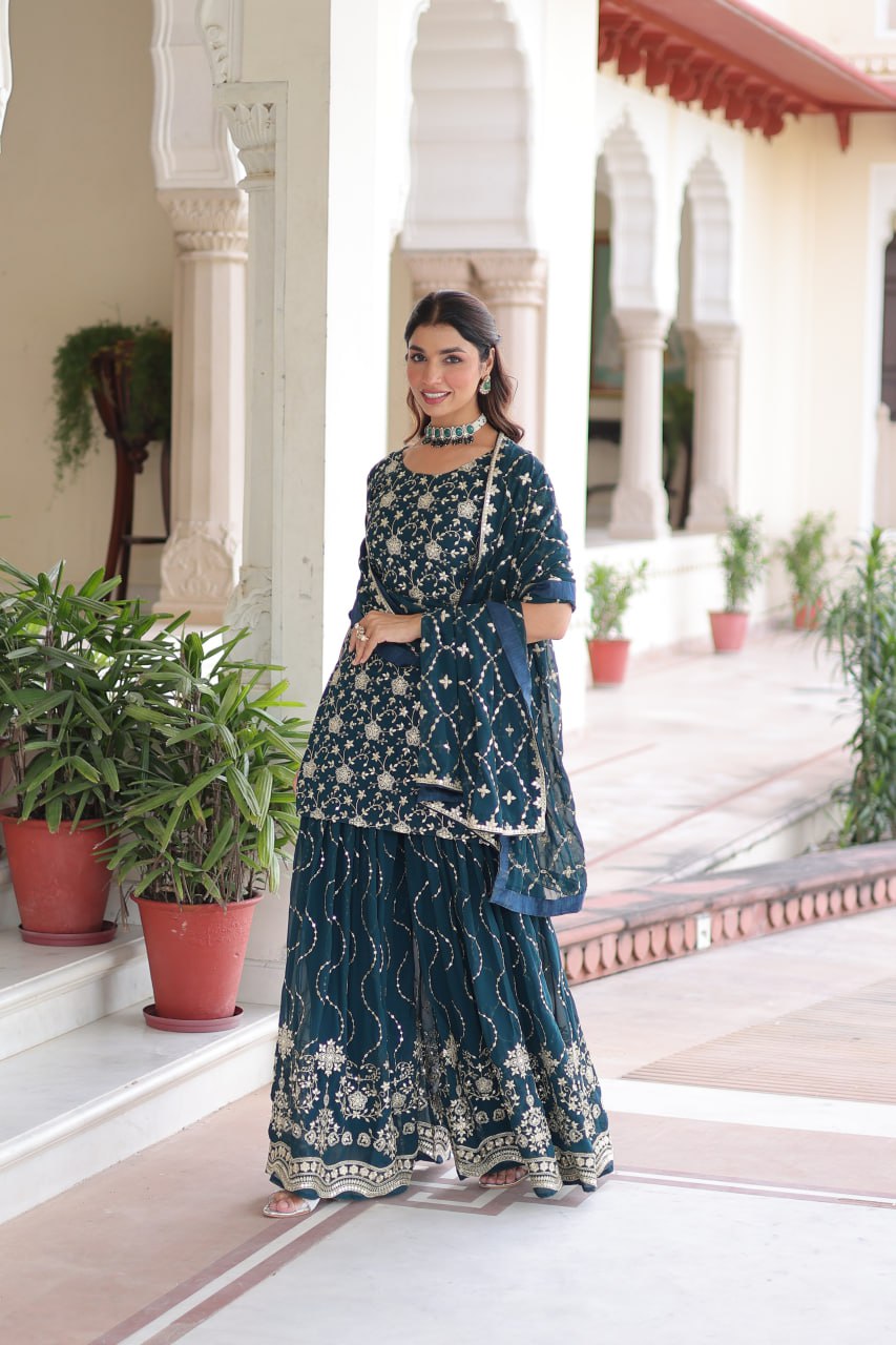 Teal Elegant Faux Georgette Sequins Embroidered Kurti with Sharara & Dupatta Set – Premium Party & Festive Wear