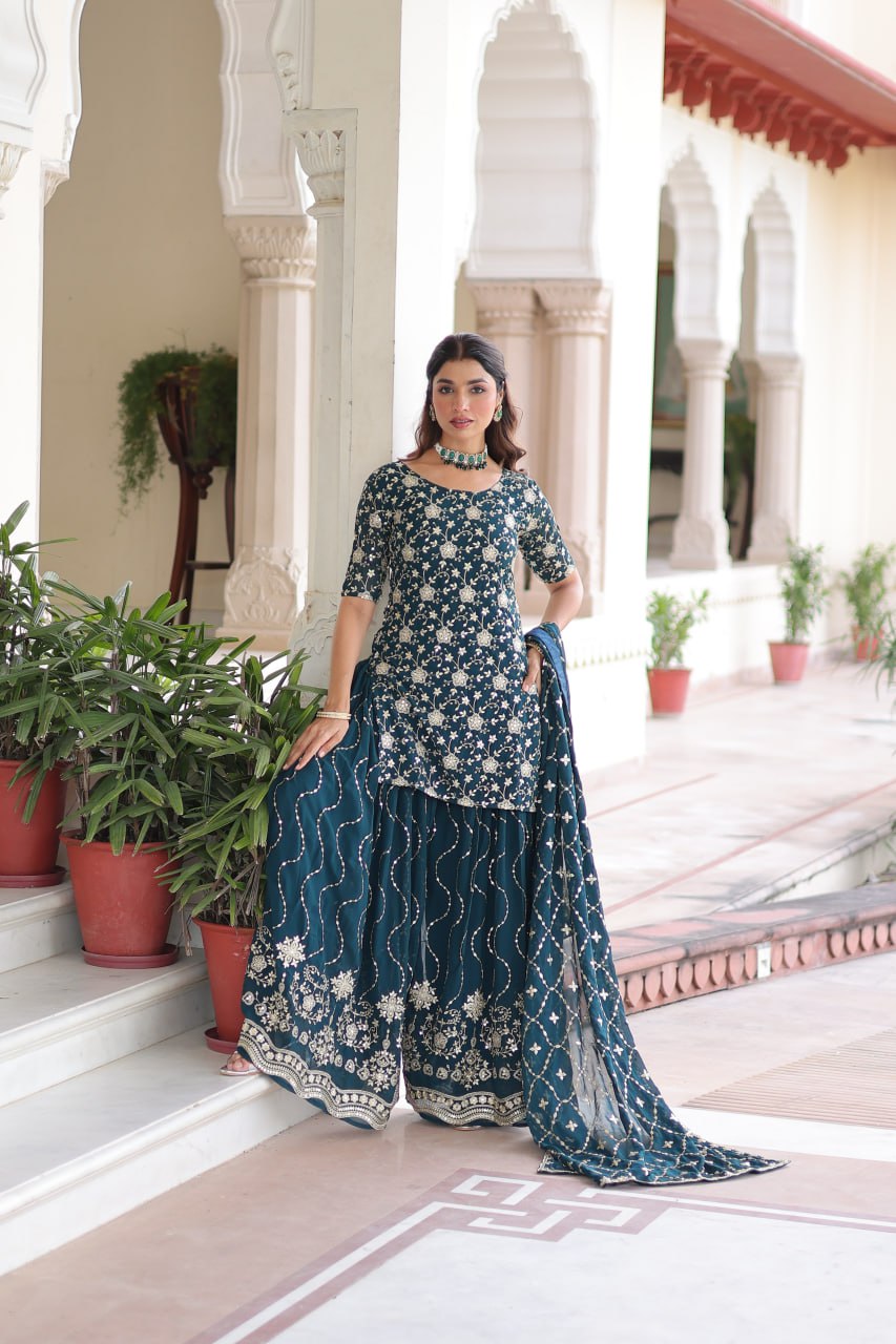 Teal Elegant Faux Georgette Sequins Embroidered Kurti with Sharara & Dupatta Set – Premium Party & Festive Wear