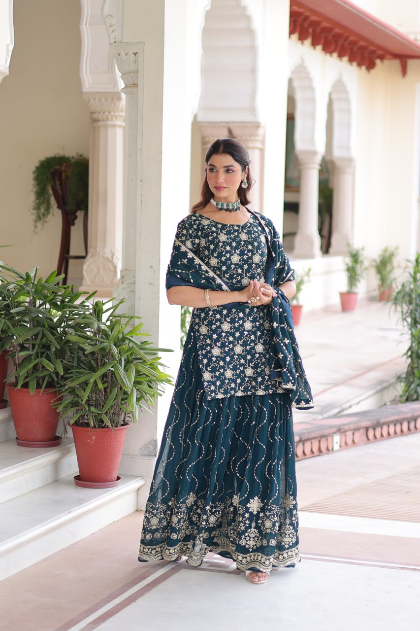 Teal Elegant Faux Georgette Sequins Embroidered Kurti with Sharara & Dupatta Set – Premium Party & Festive Wear