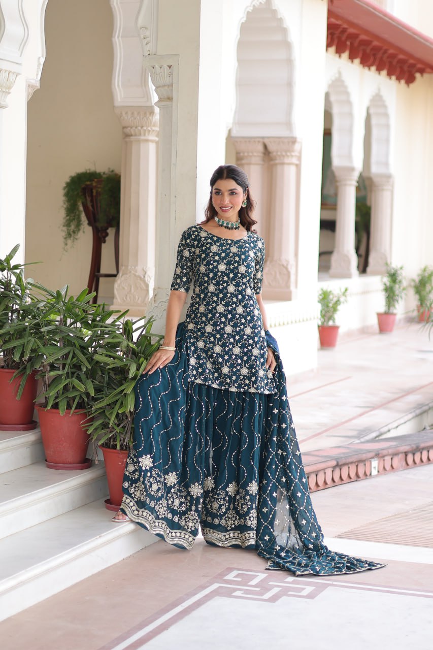 Teal Elegant Faux Georgette Sequins Embroidered Kurti with Sharara & Dupatta Set – Premium Party & Festive Wear