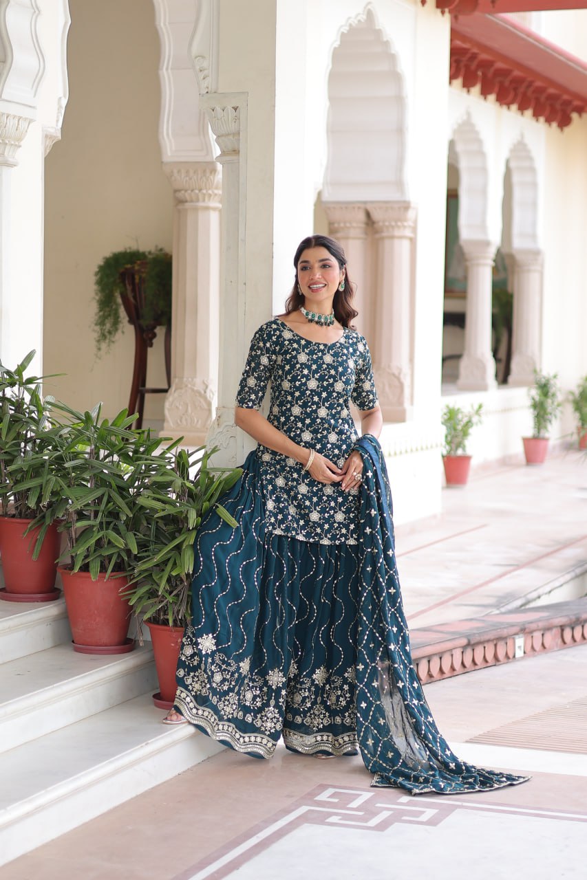 Teal Elegant Faux Georgette Sequins Embroidered Kurti with Sharara & Dupatta Set – Premium Party & Festive Wear