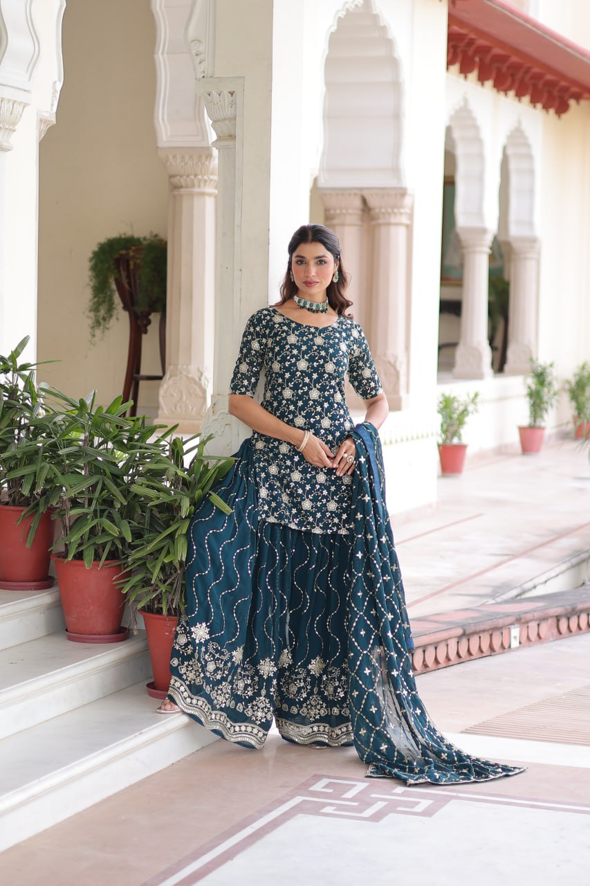 Teal Elegant Faux Georgette Sequins Embroidered Kurti with Sharara & Dupatta Set – Premium Party & Festive Wear