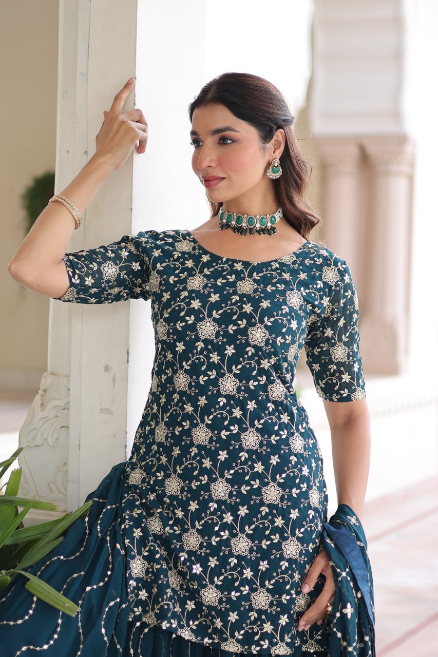 Teal Elegant Faux Georgette Sequins Embroidered Kurti with Sharara & Dupatta Set – Premium Party & Festive Wear