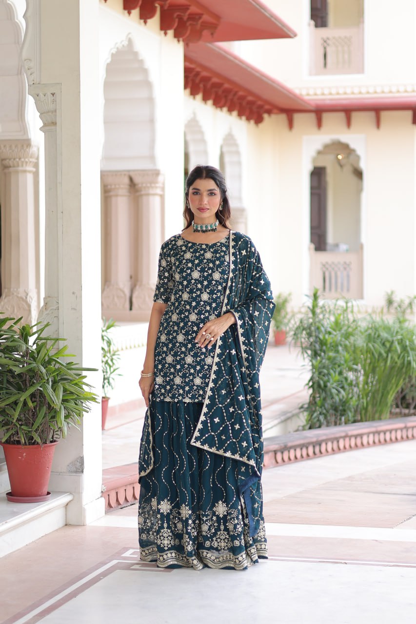 Teal Elegant Faux Georgette Sequins Embroidered Kurti with Sharara & Dupatta Set – Premium Party & Festive Wear