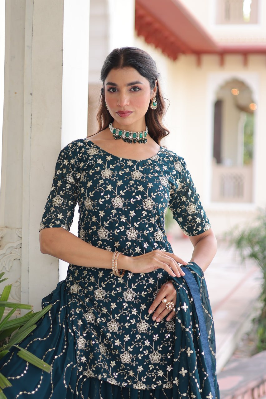 Teal Elegant Faux Georgette Sequins Embroidered Kurti with Sharara & Dupatta Set – Premium Party & Festive Wear