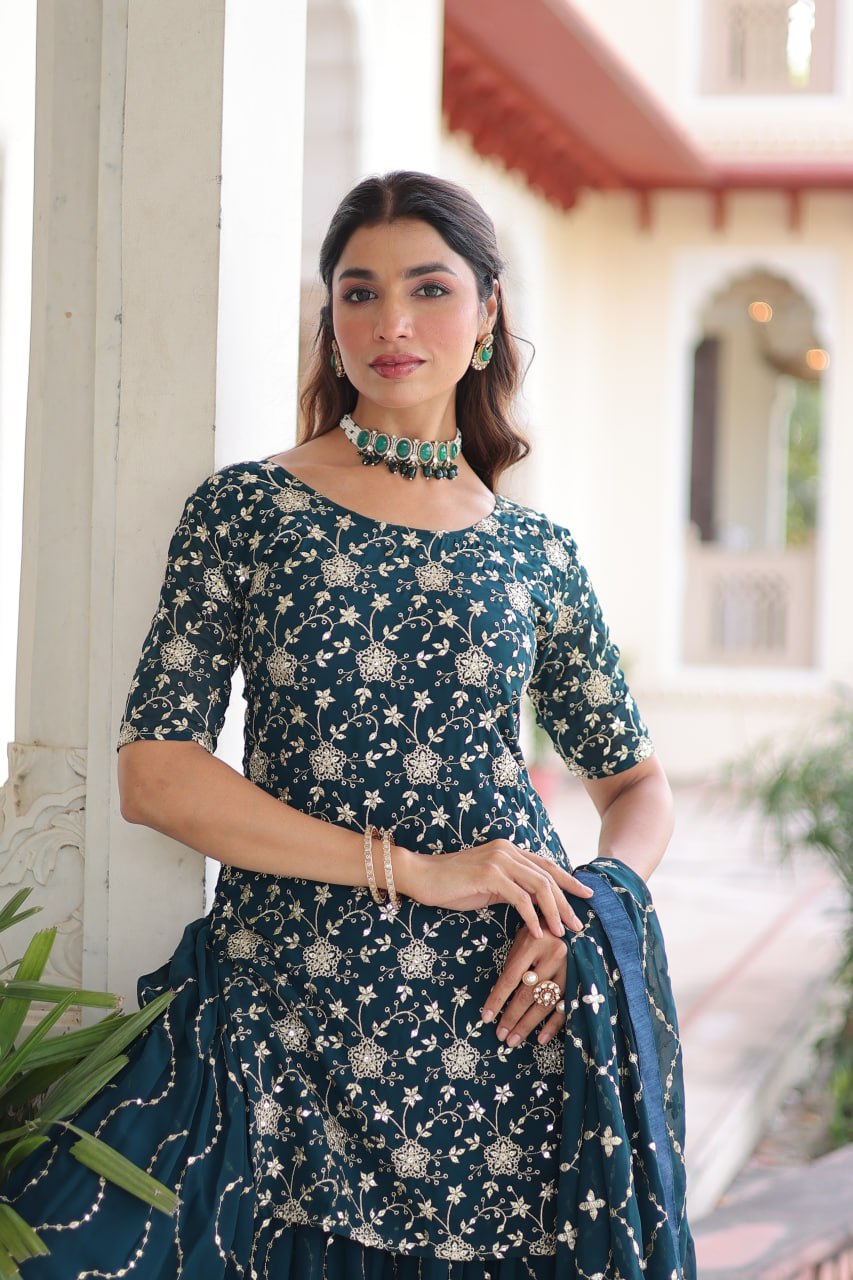 Teal Elegant Faux Georgette Sequins Embroidered Kurti with Sharara & Dupatta Set – Premium Party & Festive Wear