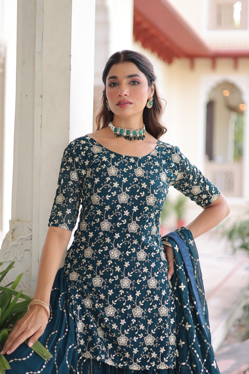 Teal Elegant Faux Georgette Sequins Embroidered Kurti with Sharara & Dupatta Set – Premium Party & Festive Wear