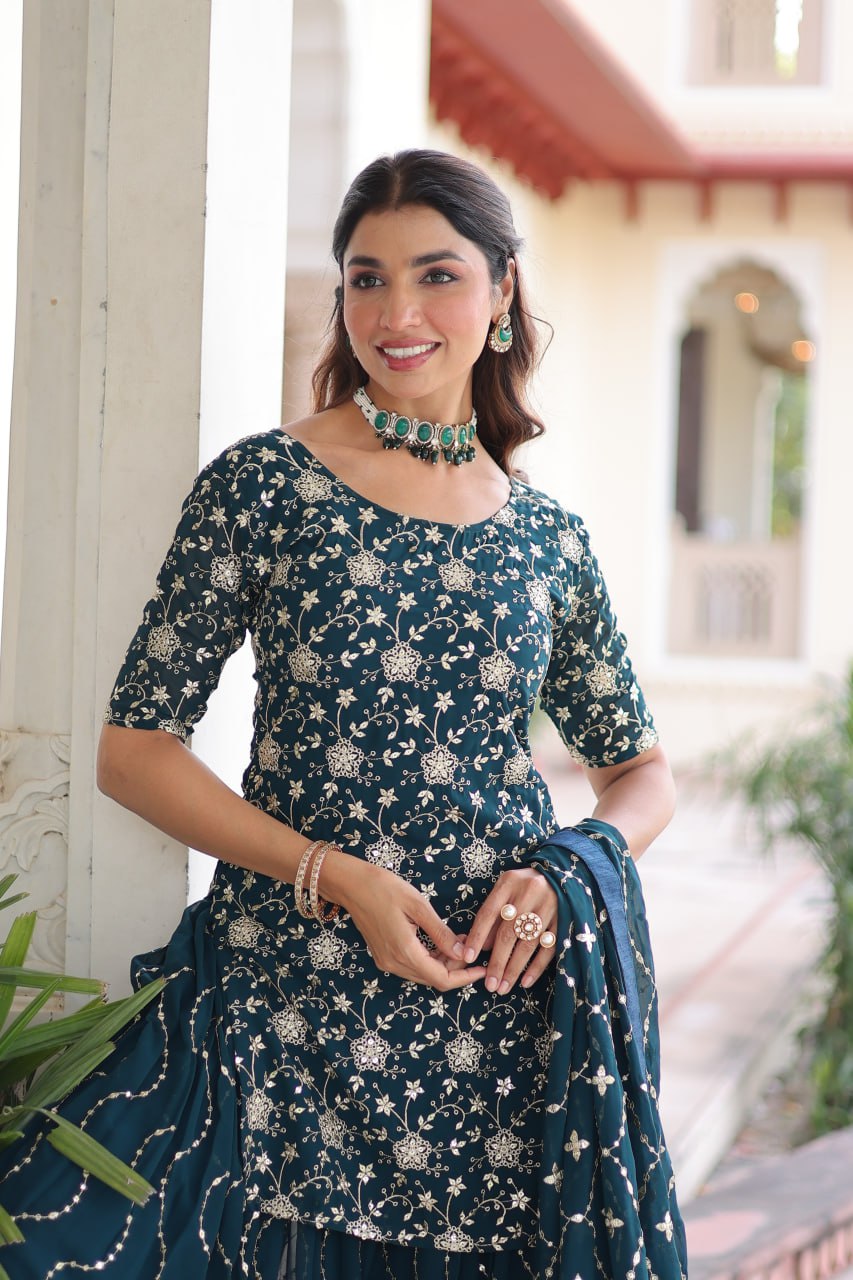 Teal Elegant Faux Georgette Sequins Embroidered Kurti with Sharara & Dupatta Set – Premium Party & Festive Wear