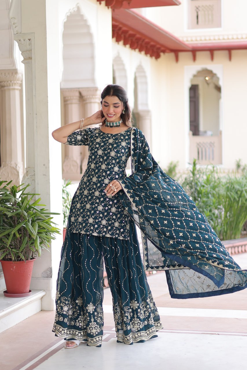 Teal Elegant Faux Georgette Sequins Embroidered Kurti with Sharara & Dupatta Set – Premium Party & Festive Wear