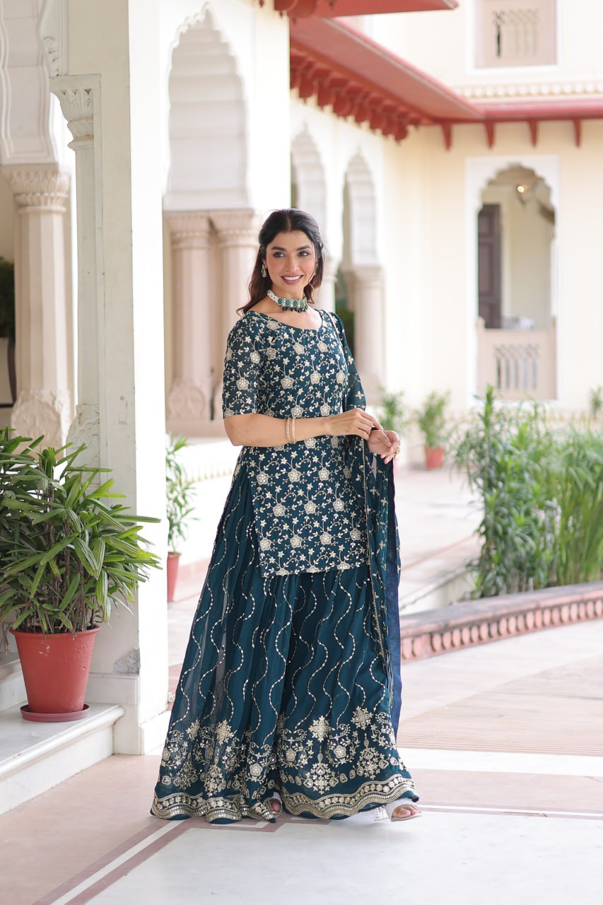 Teal Elegant Faux Georgette Sequins Embroidered Kurti with Sharara & Dupatta Set – Premium Party & Festive Wear