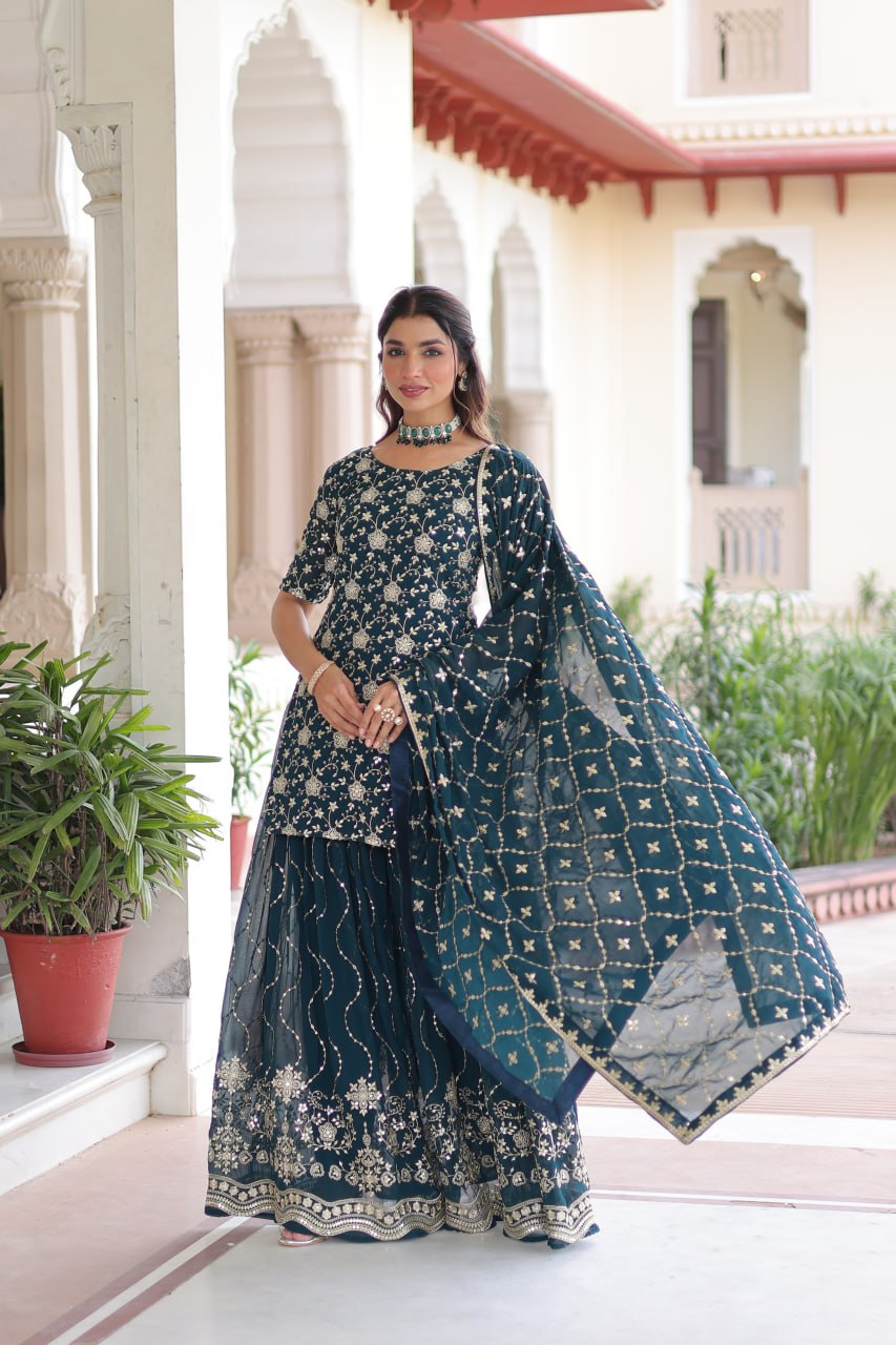 Teal Elegant Faux Georgette Sequins Embroidered Kurti with Sharara & Dupatta Set – Premium Party & Festive Wear