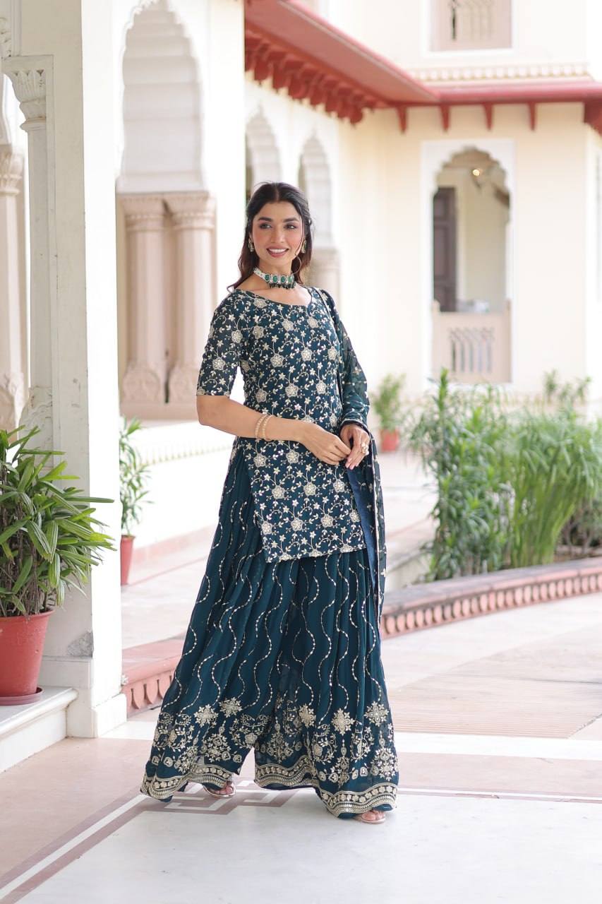 Teal Elegant Faux Georgette Sequins Embroidered Kurti with Sharara & Dupatta Set – Premium Party & Festive Wear