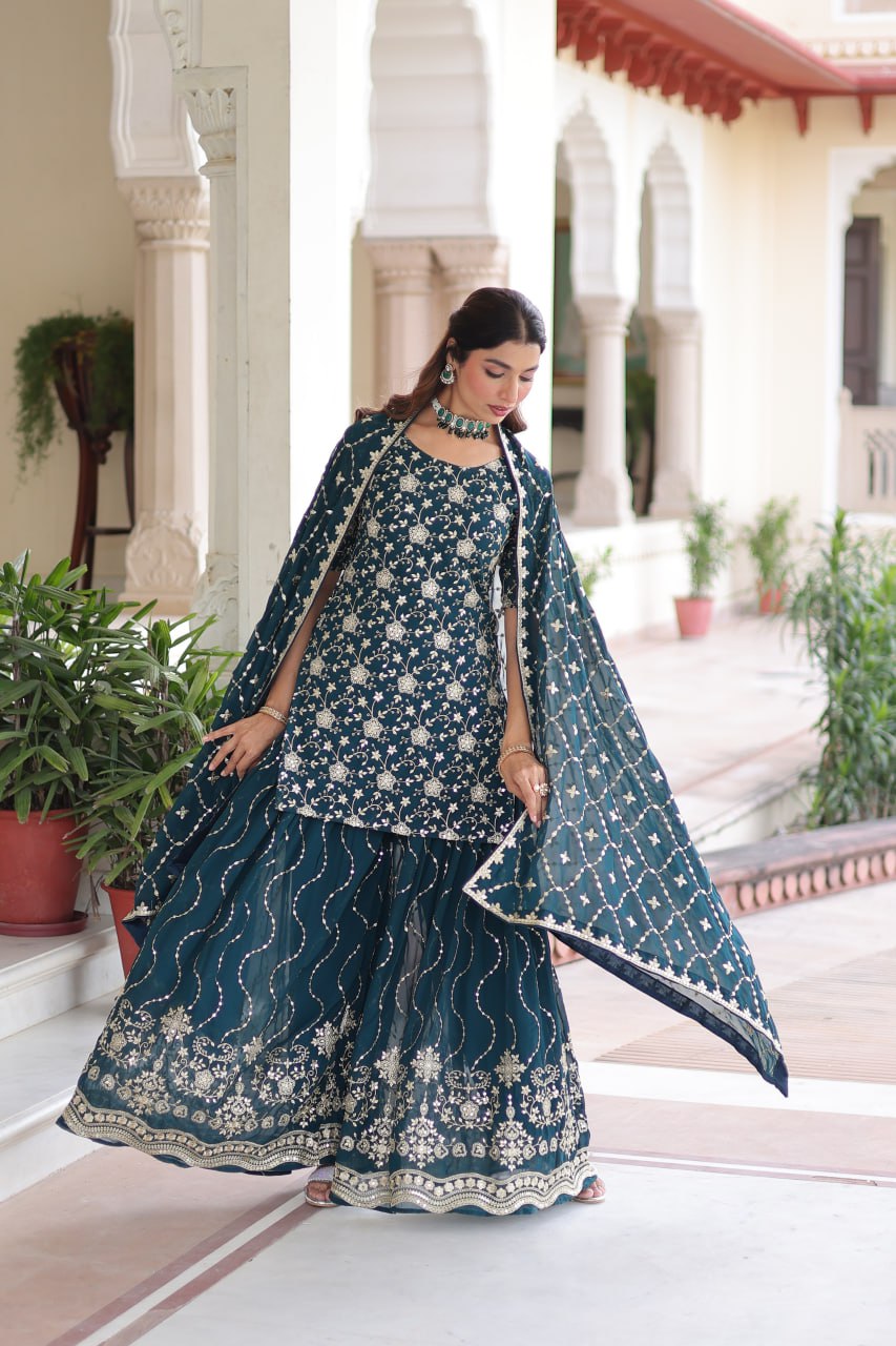Teal Elegant Faux Georgette Sequins Embroidered Kurti with Sharara & Dupatta Set – Premium Party & Festive Wear
