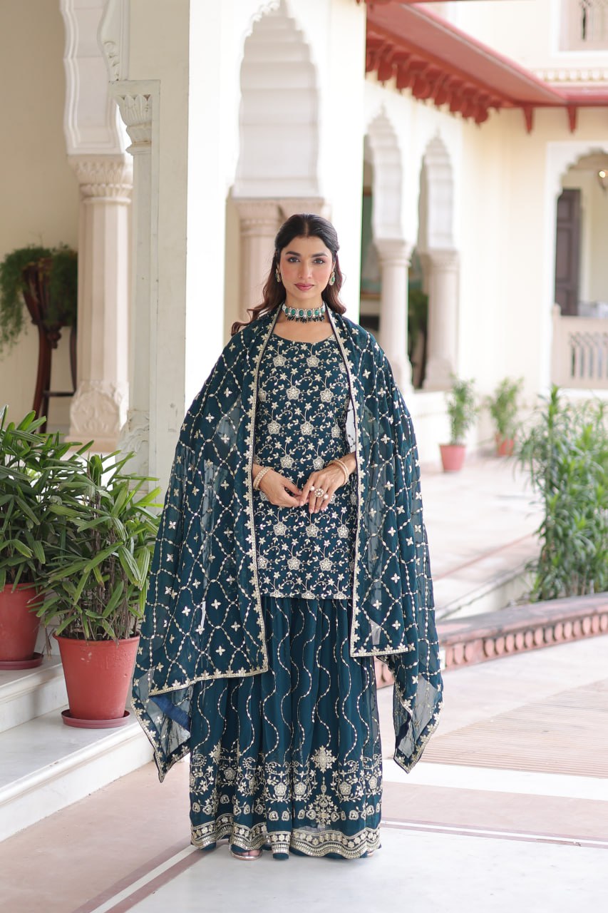 Teal Elegant Faux Georgette Sequins Embroidered Kurti with Sharara & Dupatta Set – Premium Party & Festive Wear