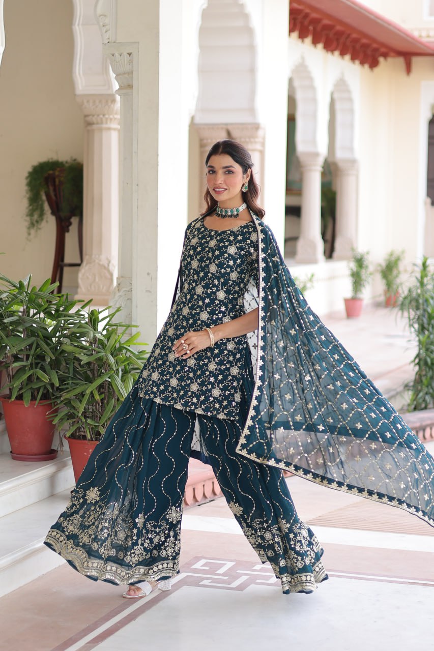 Teal Elegant Faux Georgette Sequins Embroidered Kurti with Sharara & Dupatta Set – Premium Party & Festive Wear