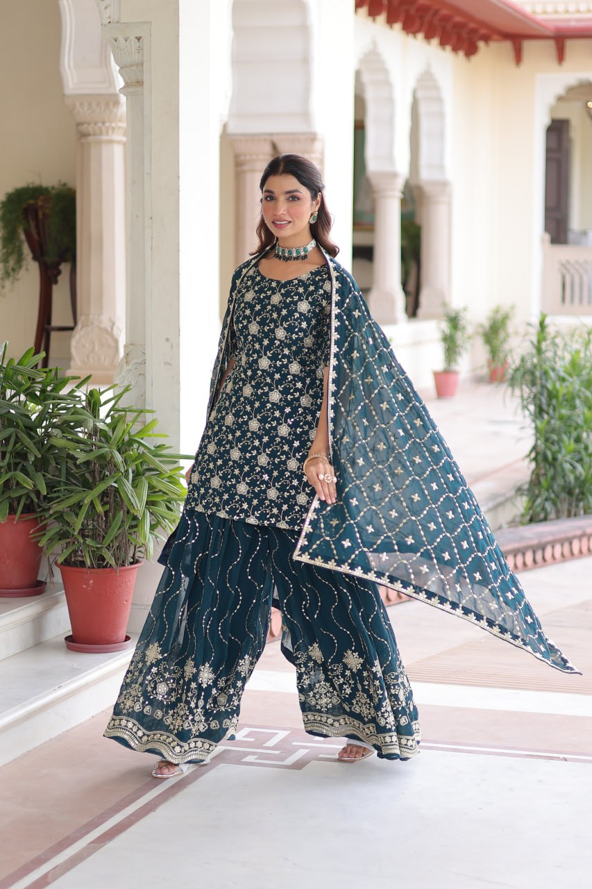 Teal Elegant Faux Georgette Sequins Embroidered Kurti with Sharara & Dupatta Set – Premium Party & Festive Wear